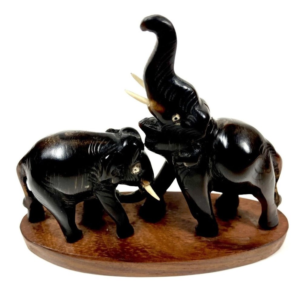 Indian Elephant Wooden Figurine with Tusks Handmade In India (4” x 3.5” X 1.5”)